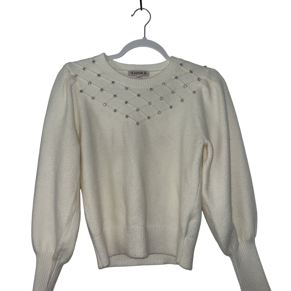 Nanette Lepore Cream Rhinestone Embellished Puff Sleeve Knit Sweater Size M